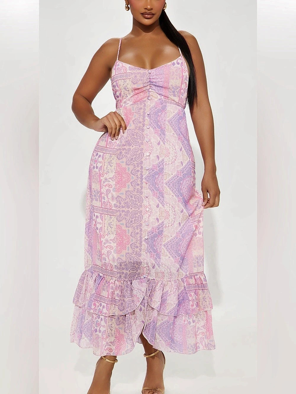 Fashion Nova Paisley Chiffon Midi Dress in Pink & Purple